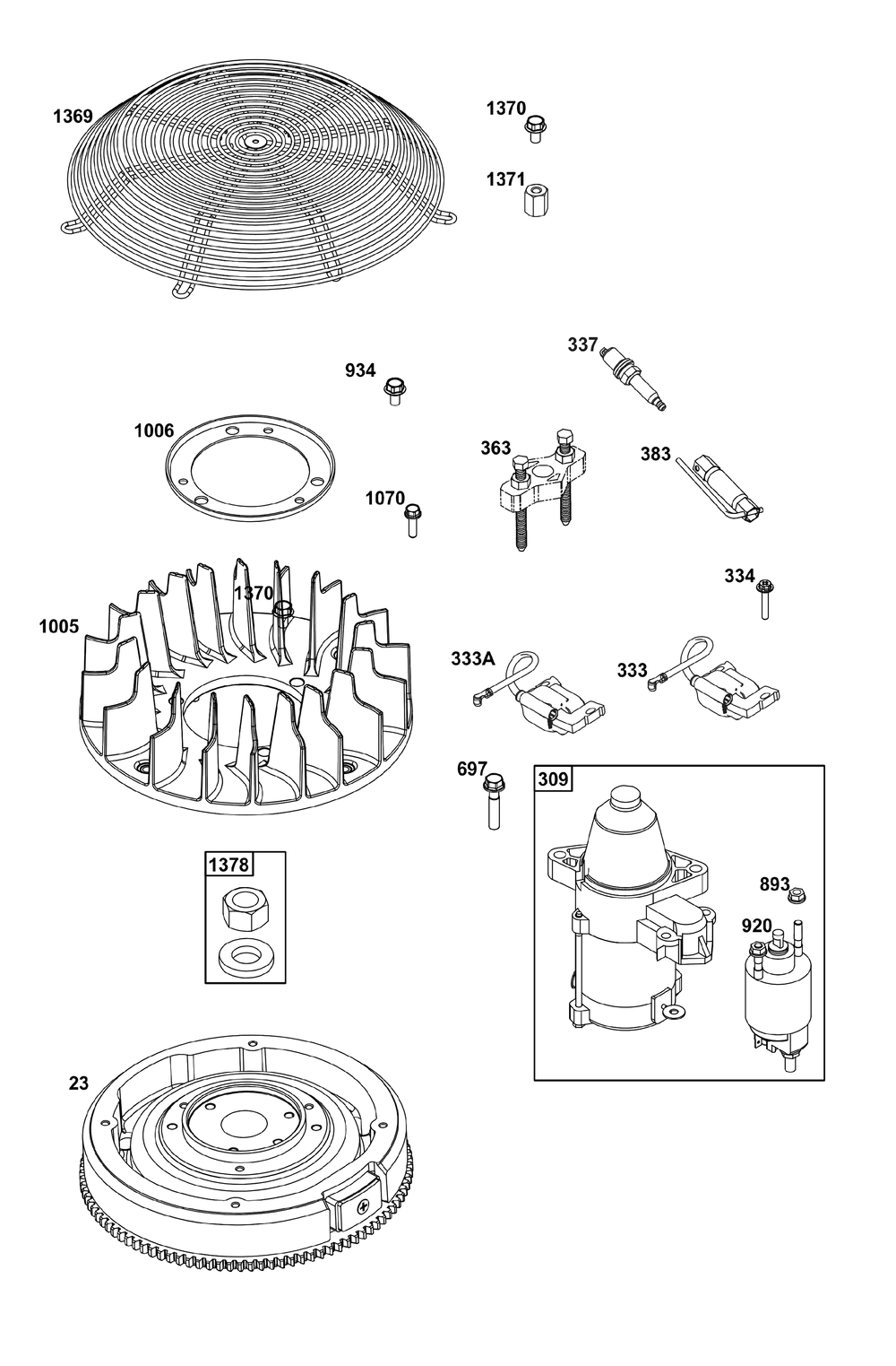 Flywheel, Ignition, And Starter Group Diagram and Parts List for 613777-0009-01 400000 - 699999 Briggs and Stratton Engine